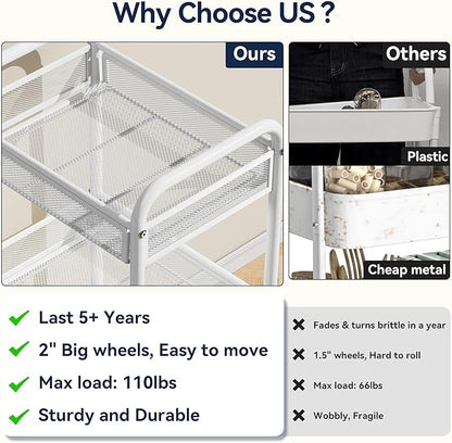 YASONIC 3 Tier Rolling Cart – Metal Utility Storage Carts with Wheels, Craft Carts Organizer with Hanging Cups, Hooks, Mesh Basket for Bedside Kitchen Office Art, White