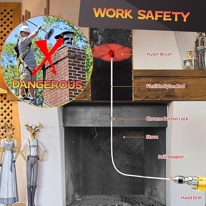 16 Feet Chimney Sweep Kit, Chimney Cleaning Kit with 5 Flexible Chimney Rods, Rotary Chimney Cleaning System Driven by Drill for Sweeping Fireplace, Chimney Cleaners with Strong Brush