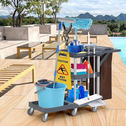 Commercial Janitorial Cart with Wheels, 3 Shelf Cleaning Trolley Cart with 16 Gallon Trash Bag, 220 Lbs Capacity Rolling Housekeeping Carts, Ideal for hotels, offices, classrooms, and residential buil