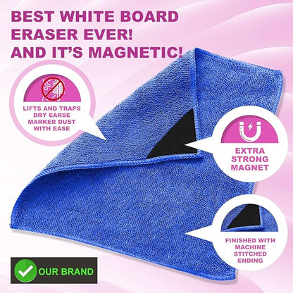 Tudomro 30 Pcs Magnetic Cleaning Cloth Dry Erasers Bulk for White Boards with Most Whiteboards Dry Eraser Reusable Microfiber Cloth Eraser, Home Office, 10'' x 10'' (Black, Blue)