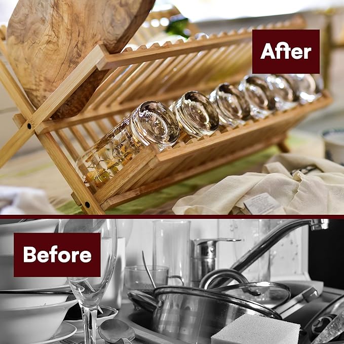 Vdomus Bamboo Dish Drying Rack - Foldable Dish Rack for Kitchen - Collapsible & Compact Wooden Plate Holder - Eco-Friendly & Functional Wood Dryer Rack for Plates - Space-Saving Storage Organizer