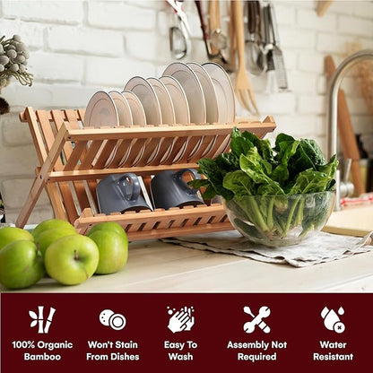 Vdomus Bamboo Dish Drying Rack - Foldable Dish Rack for Kitchen - Collapsible & Compact Wooden Plate Holder - Eco-Friendly & Functional Wood Dryer Rack for Plates - Space-Saving Storage Organizer