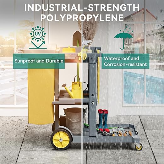 YITAHOME Janitorial Cart Cleaning Carts on Wheels, Gray Housekeeping Cart, 3 Shelf Commercial Plastic Janitor Carts, with 2 Yellow 25 Gallon Vinyl Bag & Rubber Gloves for Restaurant Hotel Home