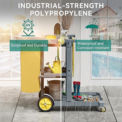 YITAHOME Janitorial Cart Cleaning Carts on Wheels, Gray Housekeeping Cart, 3 Shelf Commercial Plastic Janitor Carts, with 2 Yellow 25 Gallon Vinyl Bag & Rubber Gloves for Restaurant Hotel Home