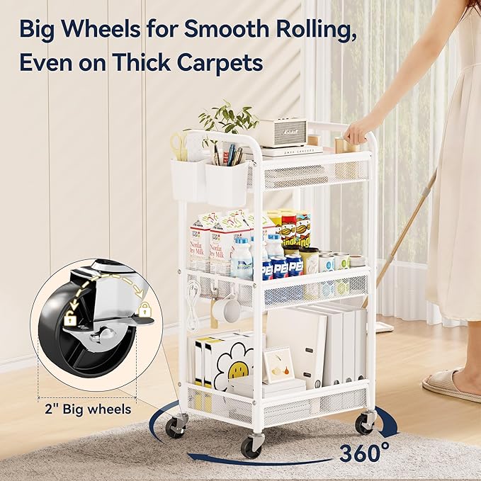 YASONIC 3 Tier Rolling Cart – Metal Utility Storage Carts with Wheels, Craft Carts Organizer with Hanging Cups, Hooks, Mesh Basket for Bedside Kitchen Office Art, White
