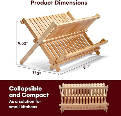 Vdomus Bamboo Dish Drying Rack - Foldable Dish Rack for Kitchen - Collapsible & Compact Wooden Plate Holder - Eco-Friendly & Functional Wood Dryer Rack for Plates - Space-Saving Storage Organizer