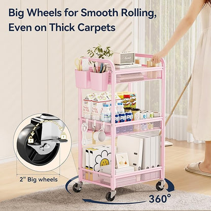 YASONIC 3 Tier Rolling Cart – Metal Utility Storage Cart with Wheels, Craft Cart Organizer with Hanging Cups, Hooks, Mesh Basket for Bedside Kitchen Office Art, Pink