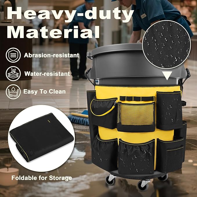 32-55 Gallon Trash Can Caddy Bag, Garbage Bin Apron Caddy with Multiple Pockets for Cleaning Supplies, Cleaning Tool Organizer with Adjustable Buckle for Janitorial Trash Can, Black+Yellow