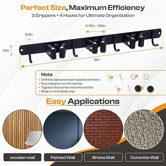 Heavy-Duty Stainless-Steel Broom Holder Wall Mount with 3 Racks and 4 Hooks | Waterproof Mop and Broom Hanger | Adjustable, Garage & Garden Tool Organizer | Black