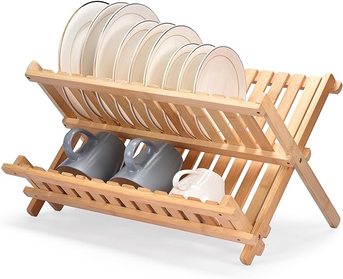 Vdomus Bamboo Dish Drying Rack - Foldable Dish Rack for Kitchen - Collapsible & Compact Wooden Plate Holder - Eco-Friendly & Functional Wood Dryer Rack for Plates - Space-Saving Storage Organizer