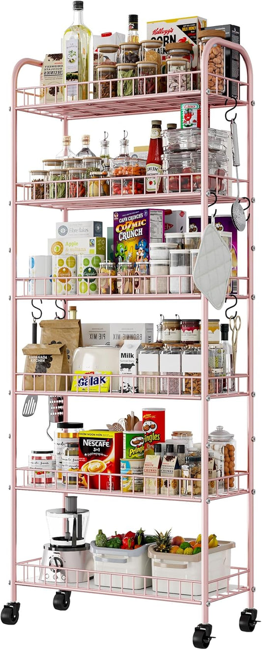 6 Tier Slim Rolling Storage Cart with Wheels, Metal Mobile Shelving Unit Organizer Utility Cart for Office Bathroom Kitchen Laundry Room Narrow Places (Pink 10 Inches)