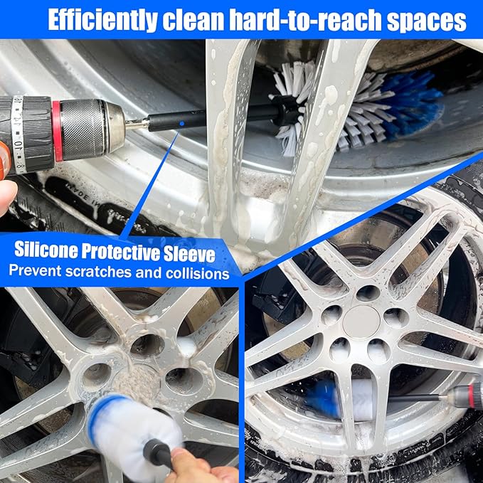 Wheel Brush Kit,Soft Drill Wheel Cleaner Brush, No Scratches Highly Dense Car Cleaning Brush Set for Wheels, Tire, Rims, Engines, Exhaust(Blue + White 3 Pk)