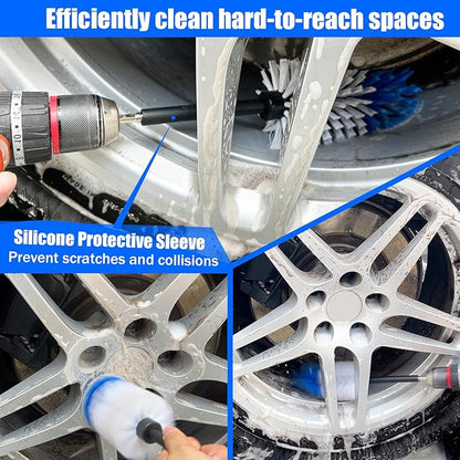 Wheel Brush Kit,Soft Drill Wheel Cleaner Brush, No Scratches Highly Dense Car Cleaning Brush Set for Wheels, Tire, Rims, Engines, Exhaust(Blue + White 3 Pk)