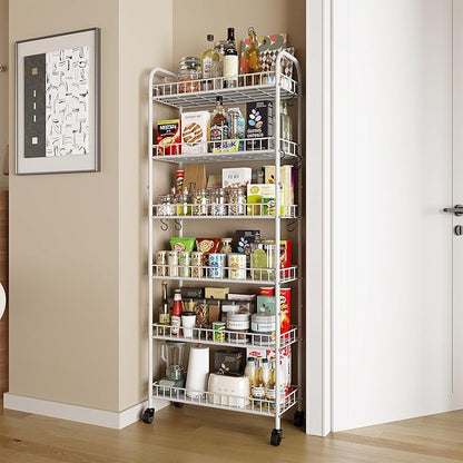 6 Tier Slim Rolling Storage Cart with Wheels, Metal Mobile Shelving Unit Organizer Utility Cart for Office Bathroom Kitchen Laundry Room Narrow Places (White 10 Inches)