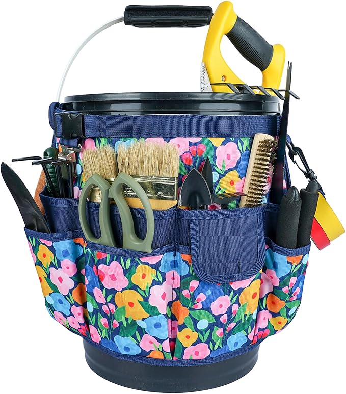 MELOTOUGH Bucket Caddy Organizer Bucket Tool Organizer for Garden Tools Fit 3.5 to 5 Gallon Bucket (Blue Flower)