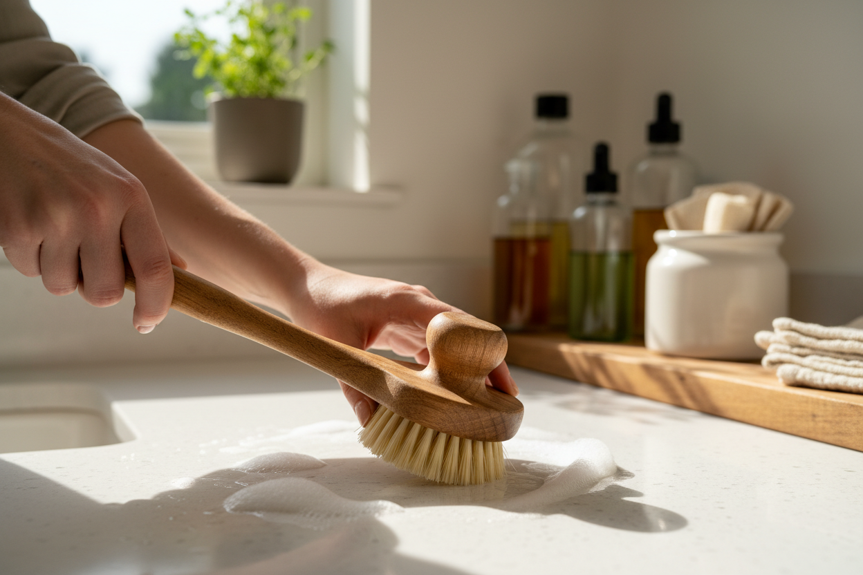 친환경 우드 브러쉬로  주방을 깨끗하게 청소하고 있는 모습