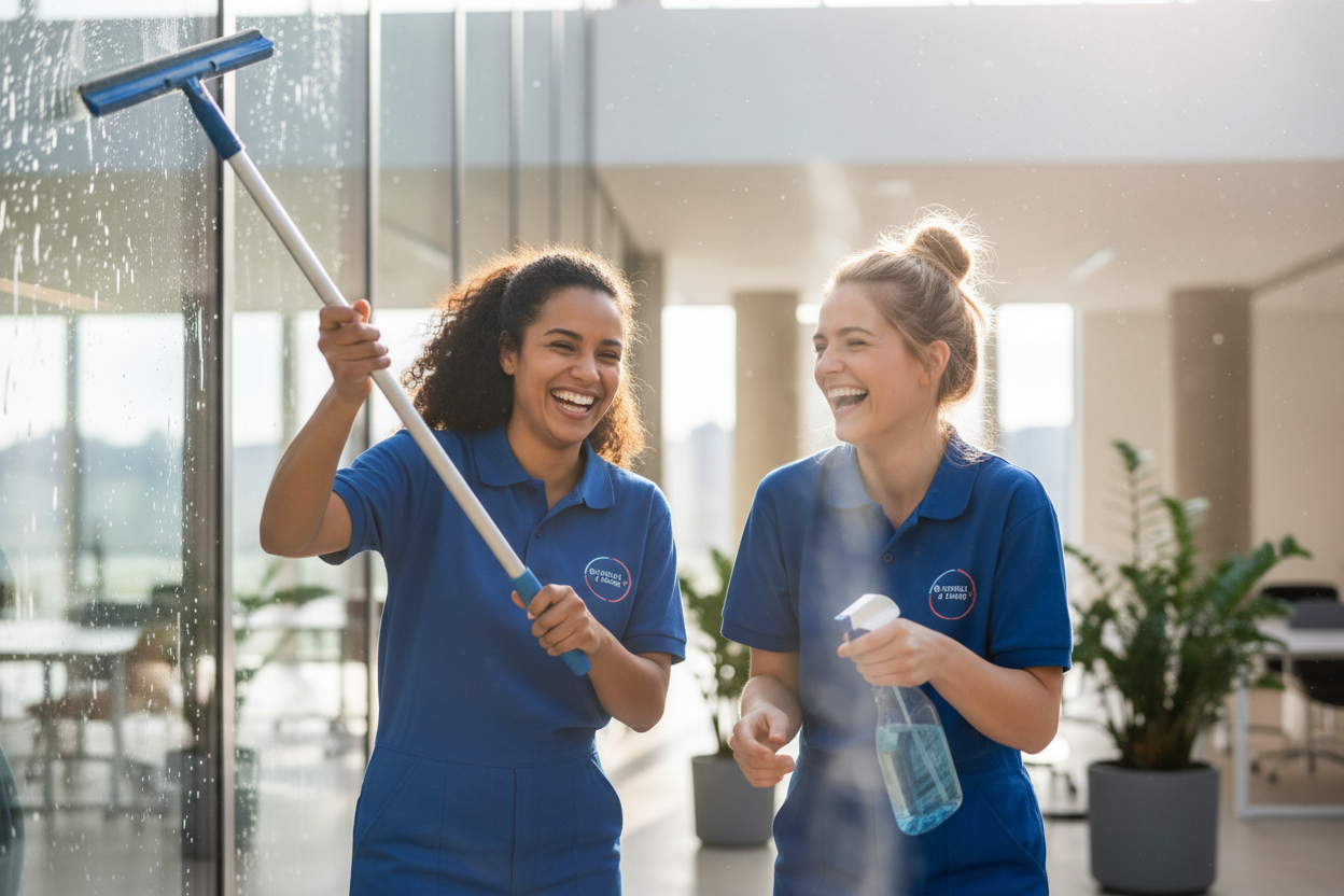 여자 두명이 웃으며 큰 창문을 클리닝 도구로 청소하고 있는 모습
