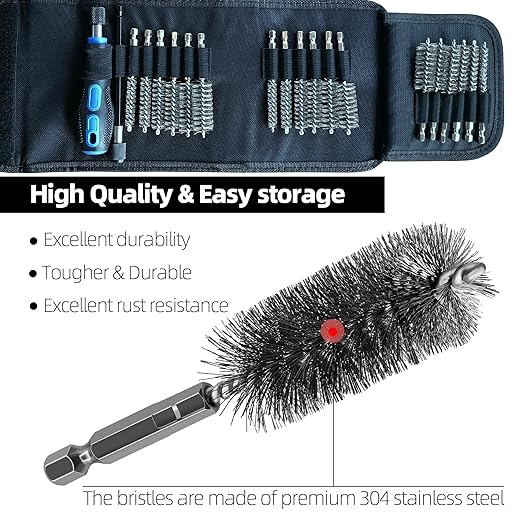 18Pcs Wire Brush Drill Attachments, Stainless Steel Wire Brush Bore Cleaning Brush Set for Power Drill Impact Driver, Abrasive Drill Wire Brush with 1/4" Hex Shank and Tool Bag