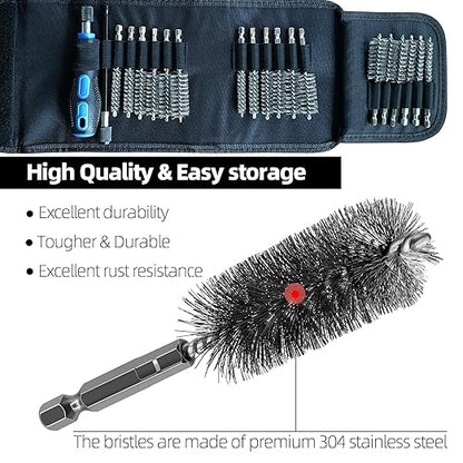 18Pcs Wire Brush Drill Attachments, Stainless Steel Wire Brush Bore Cleaning Brush Set for Power Drill Impact Driver, Abrasive Drill Wire Brush with 1/4" Hex Shank and Tool Bag