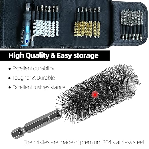 18Pcs Wire Brush Drill Attachments, Nylon, Brass, Stainless Steel Wire Brush Bore Cleaning Brush Set for Power Drill Impact Driver,Abrasive Drill Wire Brush with 1/4" Hex Shank and Tool Bag