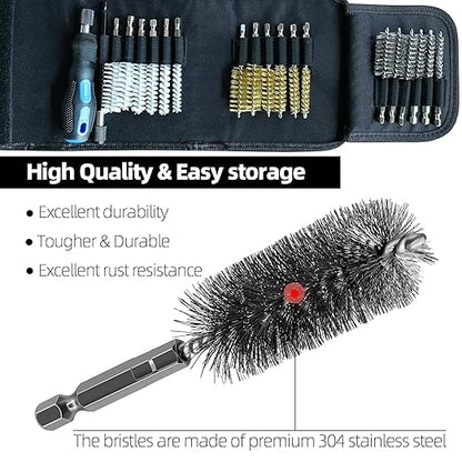 18Pcs Wire Brush Drill Attachments, Nylon, Brass, Stainless Steel Wire Brush Bore Cleaning Brush Set for Power Drill Impact Driver,Abrasive Drill Wire Brush with 1/4" Hex Shank and Tool Bag
