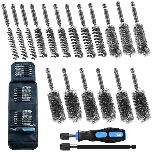 18Pcs Wire Brush Drill Attachments, Stainless Steel Wire Brush Bore Cleaning Brush Set for Power Drill Impact Driver, Abrasive Drill Wire Brush with 1/4" Hex Shank and Tool Bag