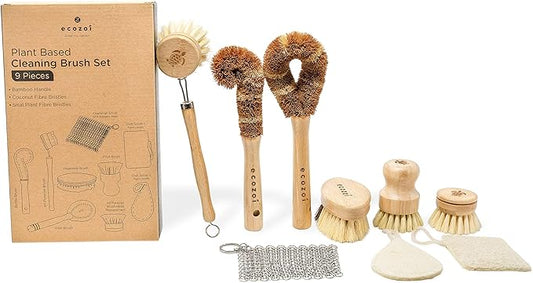ecozoi Bamboo Dish Brush Set – 9 Piece Wooden Dish Brush for Dishes, Pots, Pans & Bottles – Eco Friendly Cleaning Set with Coconut & Sisal Bristles – Plastic-Free, Durable & Sustainable Kitchen Tools