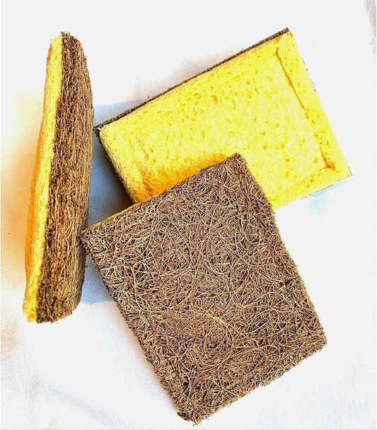 Marasol Scrubber Sponge (3) | Dual-Sided Coconut Fiber & Cellulose Sponge | Plastic Free-Plant-Based Kitchen Scrubbing Sponges for Dishes, Pans | Tough No-Scratch Scour Pad | Compostable | Pack of 3