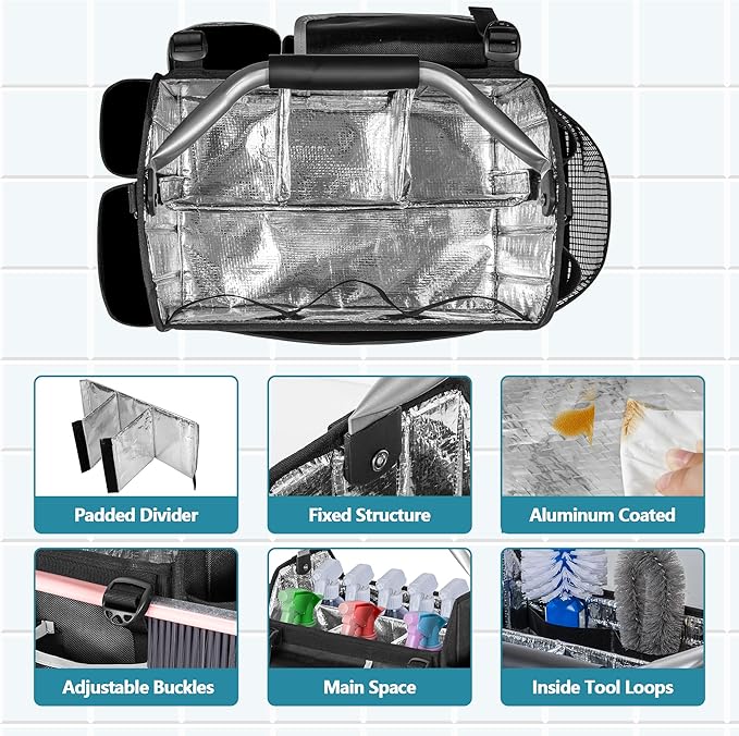 Wearable Cleaning Caddy Organizer, Cleaning Supplies Bag with Divider & Support Pad, Cleaner Tote with Handle & Detachable Shoulder Strap, Housekeeping Storage Box with Multi Pockets, Bag Only