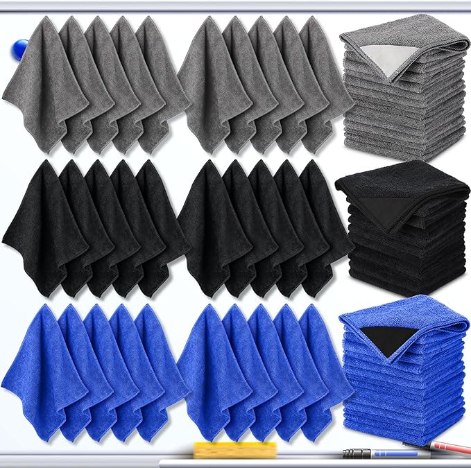 Tudomro 30 Pcs Magnetic Cleaning Cloth Dry Erasers Bulk for White Boards with Most Whiteboards Dry Eraser Reusable Microfiber Cloth Eraser, Home Office, 10'' x 10''(Black, Gray,Blue)