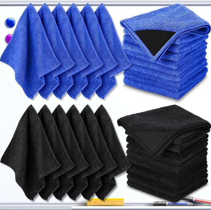 Tudomro 30 Pcs Magnetic Cleaning Cloth Dry Erasers Bulk for White Boards with Most Whiteboards Dry Eraser Reusable Microfiber Cloth Eraser, Home Office, 10'' x 10'' (Black, Blue)