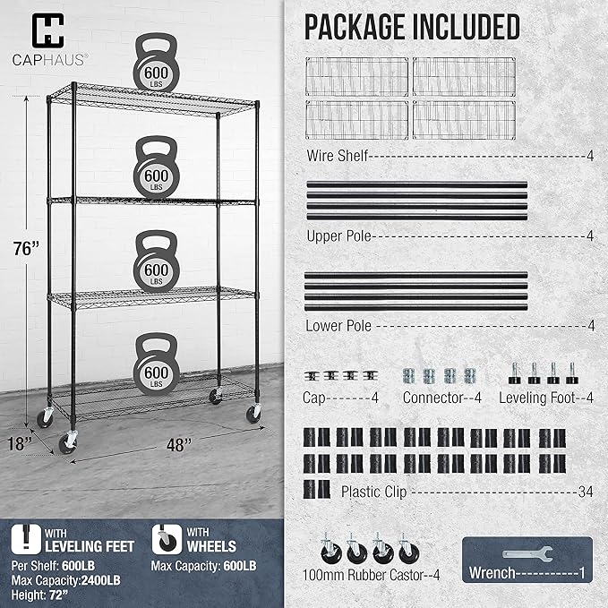 CAPHAUS NSF Commercial Grade Wire Shelving w/Wheels, Leveling Feet & Liners, Storage Metal Shelf, 48 x 18 x 76 4-Tier No Liner (RWW-CH48184HDW-BK@CH-CM)