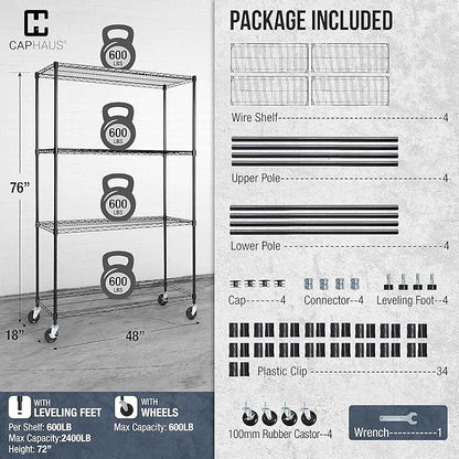 CAPHAUS NSF Commercial Grade Wire Shelving w/Wheels, Leveling Feet & Liners, Storage Metal Shelf, 48 x 18 x 76 4-Tier No Liner (RWW-CH48184HDW-BK@CH-CM)